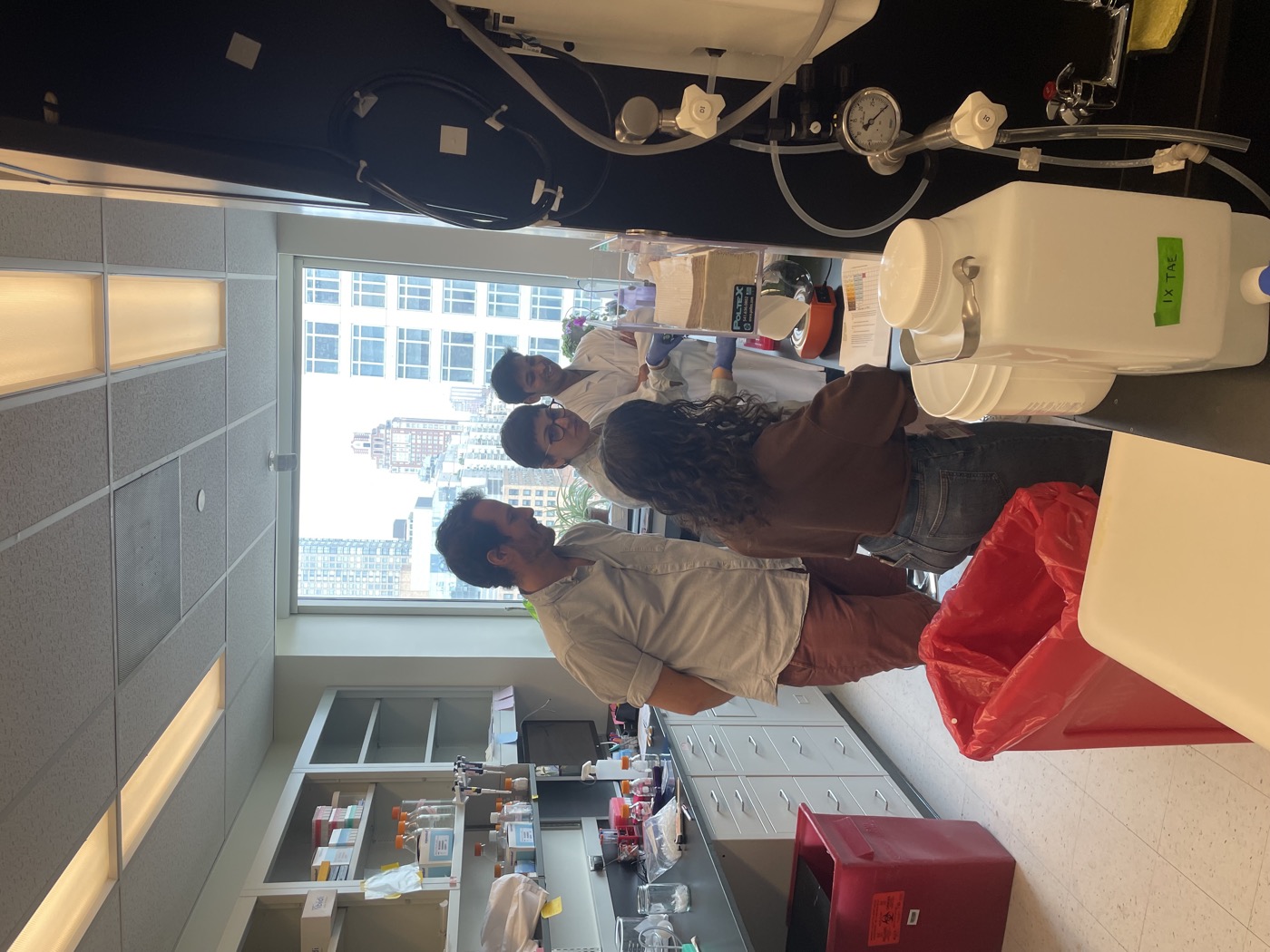 Lab members gathered at the bench by the window.