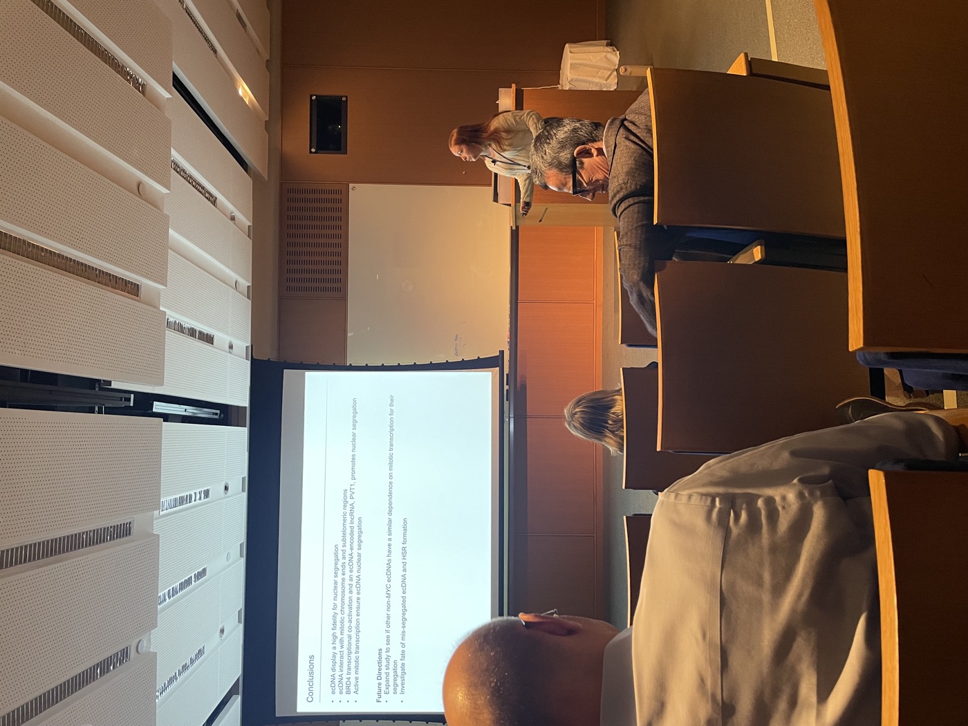A lab member presents ecDNA work to the group.