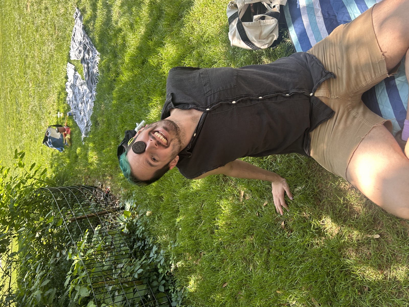 Lab members playing an Oreo-on-the-face game in the park